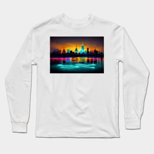 Neon New York City Skyline With Neonlight Buildings / New York City Silhouette Long Sleeve T-Shirt